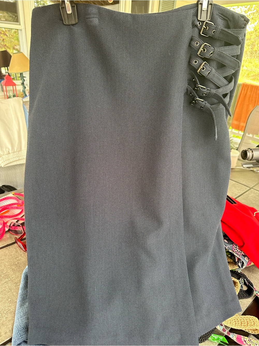 Worthington dark grayish blue skirt with gold-tone buckle accents